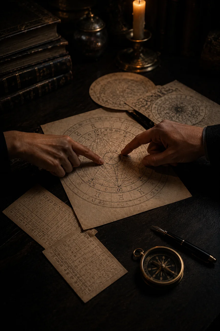 Zwei Hände deuten auf ein astrologisches Geburtsdiagramm bei Kerzenlicht